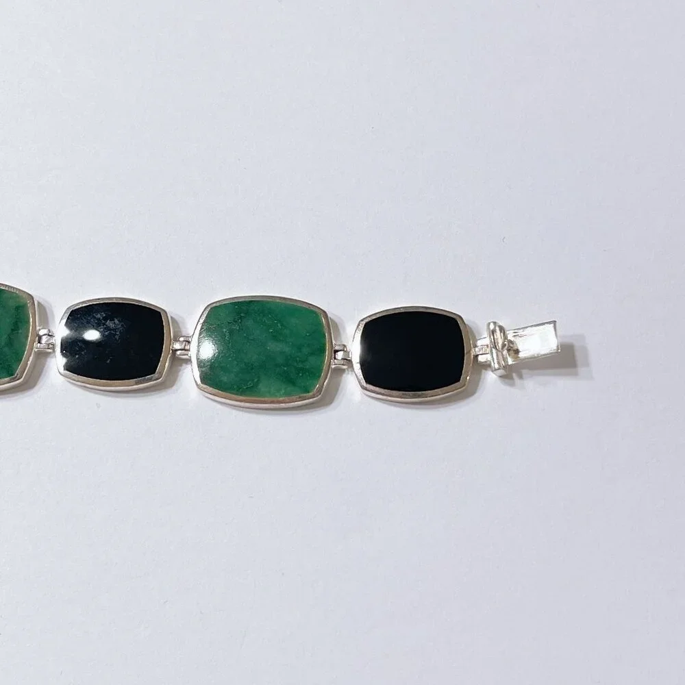 Sterling Silver Green & Black Stone Link Bracelet - Picture 8 of 9